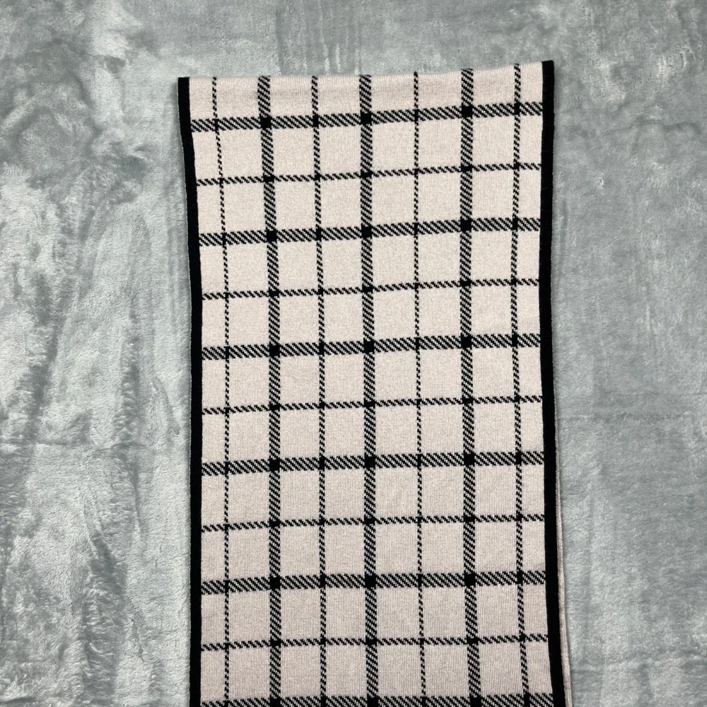 Coach‎ Scarf Black Ivory Reversible Plaid Wool Cotton Knit Leather Logo